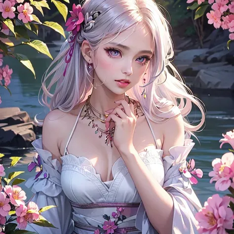 (best quality), ((masterpiece)), (highres), illustration, original, extremely detailed,licg,1girl, hair ornament, solo, flower, hair flower, jewelry, necklace, long hair, white hair, upper body, parted lips, own hands together, dress, looking at viewer, ba...