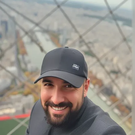 bushy man with beard and hat in a tower, fotografia selfie 8k, com vista Eiffel, View from the top, taken at the beginning of 2020, with a cidade ao fundo, stood on top of a sky scraper, cidade ao fundo, com terra ao fundo, foto de 2022