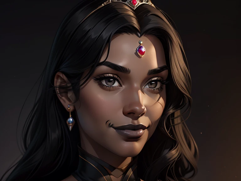 masterpiece, best quality, realistic, 1girl , quiet and charming , 23 year old, a smirk, closed mouth, ((black skin)), round nose, portrait, extremely detailed face, cold and smirk, Jewelry neck, ((gray eyes)), ((Black hair)), [thick eyebrows], ((princess)...