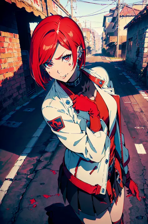 in the art style of persona5 and in the art style of street of rage 4, delinquent, (sukeban), mature_female, blush, mature, older woman, 25 years old, Sukeban teacher outfit, ((((1girl, solo female, solo, solo focus:1,9)))++++, choker, sukeban teacher, suk...