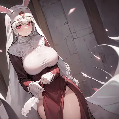 (((Alone))),(((Woman))),(((Big breasts))),(((White Rabbit Ear))),(((White hair))),(((Thin waist ))),(((Thick thighs))),(((Reddish pink eyes))),(((wearing a nuns outfit)))