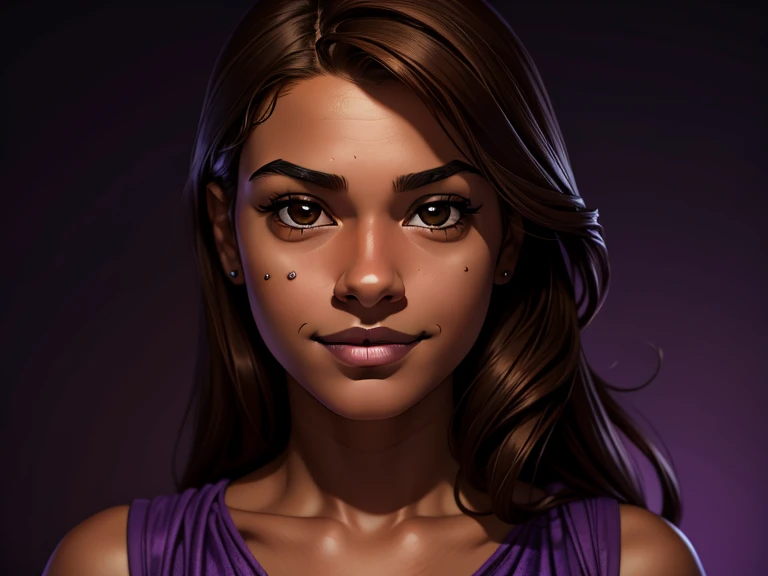 masterpiece, best quality, realistic, 1girl , quiet and charming , 13 year old, a smirk, closed mouth, ((black skin)), round nose, portrait, extremely detailed face, cold and smirk, baby face, ((brown eyes)), ((Brown hair)), [thick eyebrows], purple dress ...