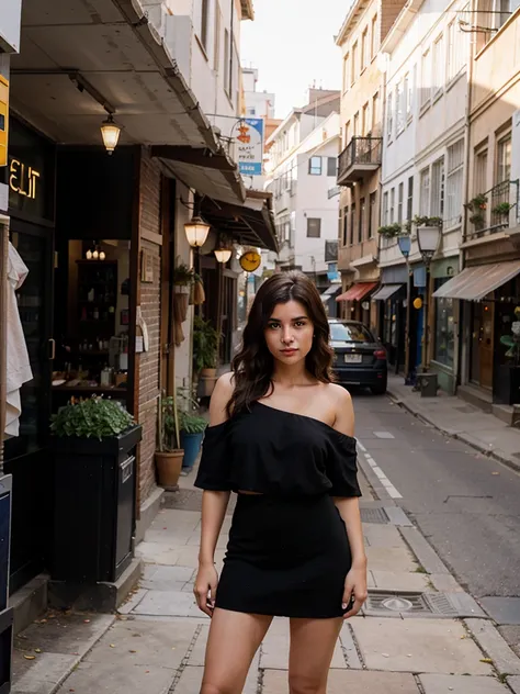 A woman with medium hair just below the shoulder expressive eyes she is happy standing on a street realistic image in the shade 