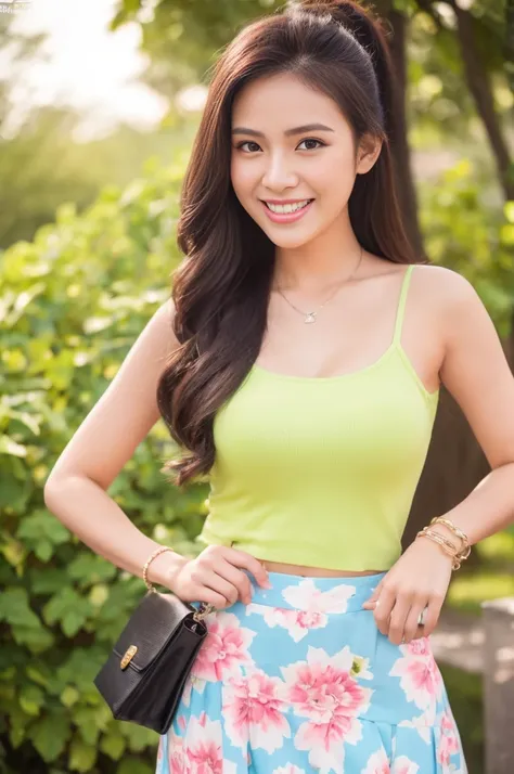 Dslr photo, (extraarms:1.2), (8k, 4k, masterpiece),beautiful pretty filipina asian woman, curvy, smiling, laughing, sunny, summer, bright, (girly), (feminine), outdoors, park, spaghetti strap pink floral tight shirt, bare midriff, skirt, low cut, summer dr...