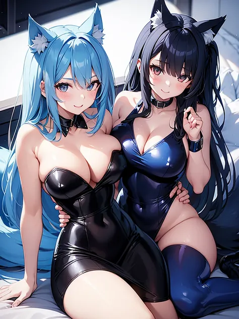 Happy woman, with wolf ears and blue hair, holding her cheeks, wolf tail, wearing a latex dress, looking at veiwer, full body, you can see her chest, naked breasts