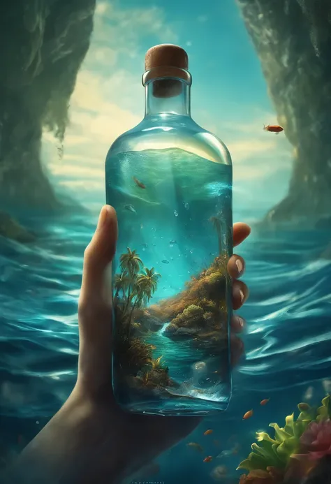 a picture taken from the water of a bottle floating in the ocean, drowning in waste, environmental key art, undersea environment, broken bottles, underwater scenery, author：Cyril Rolando, droplets flow down the bottle, clean environment, inspired author：Cy...