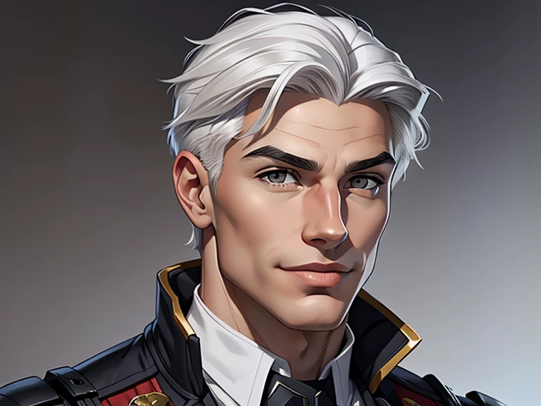 masterpiece, best quality, realistic, 1boy, male, quiet and charming young boy, 20 year old, a smirk, closed mouth, ((tan skin)), portrait, extremely detailed face, cold and smirk, ((gray eyes)), ((swooping white hair )), [thick eyebrows], dark palace, ((s...