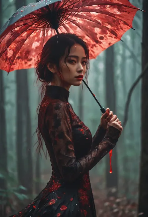 photo RAW, (Black and red : photo of a girl standing in the forest holding an umbrella, theres blood raining inside under the umbrella, shiny aura, highly detailed, black prada vogue style dress, biomechanical details, red spider lilies all around, intrica...