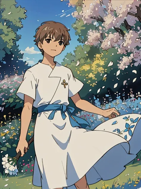 obra maestra, mejor calidad,  petalos revolotean en el viento , syaoran entre las flores, by the chestnut, brown eyes,light blue...