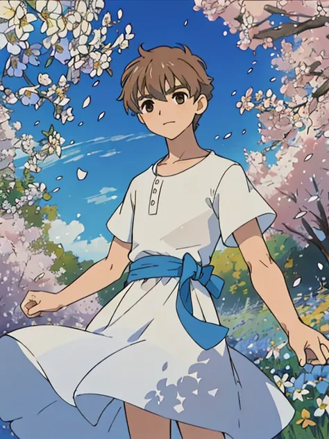 obra maestra, mejor calidad,  petalos revolotean en el viento , syaoran entre las flores, by the chestnut, brown eyes,light blue...