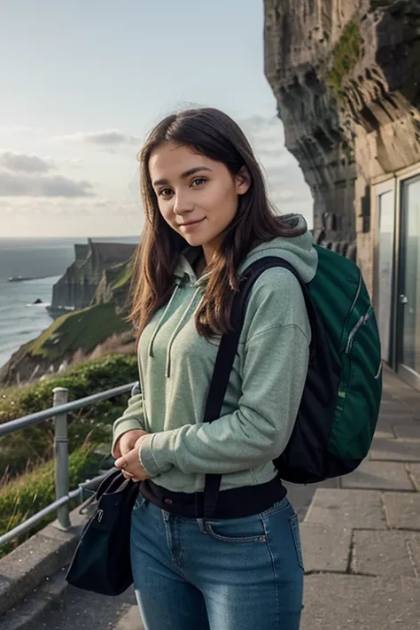 female student, with long green hoodie and jeans, cliffs of moher, casual photo, detailed face, half body appers, carrying books , looking at camera straight, body facing the camera. natural pose, carrying school bag, college student, crowded street, happy...