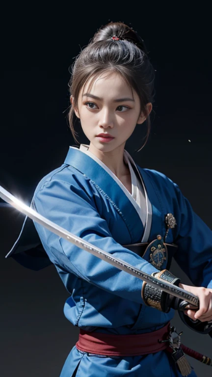 A beautiful female samurai swordsman wearing a bright blue outfit.: Create an image showing a samurai warrior demonstrating great swordsmanship., With his sword, he cut through his opponents., Showing off his unrivaled abilities., epic, 8ก