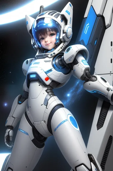 A small and cute robot，The face is smiling on the machine panel，Sleek body，comfortable lines，Wearing a white spacesuit with blue lines，Stepping on the spaceship