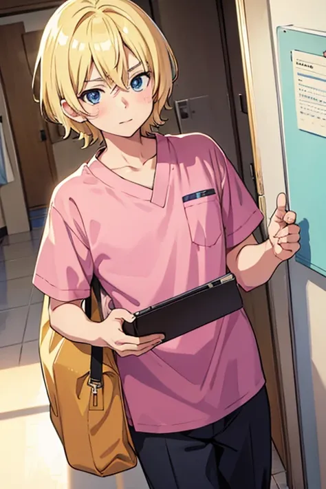 male blonde 7 year old anime boy in patient scrubs holding an onahole