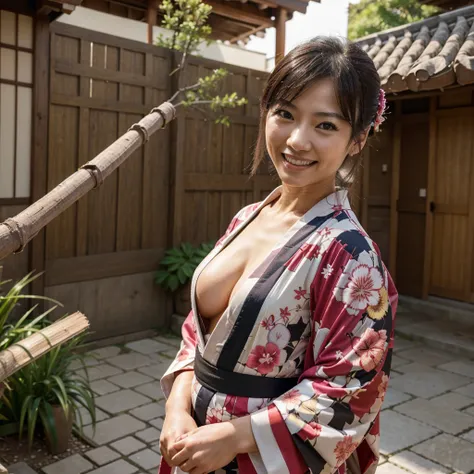 Superb masterpiece, upper body, (adult: 1.6) Japanese woman, (giggle: 0.4), arms behind the head, kimono, centered, smile