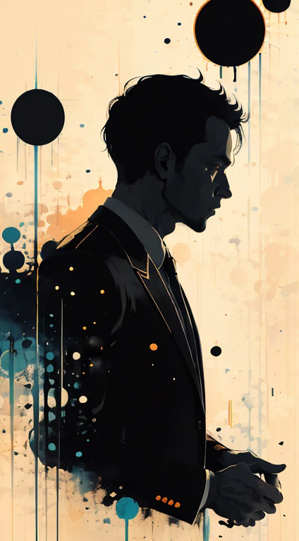 Silhouette of a posed gentleman:dynamic pose:profile,Ink splash,Bold colors,dynamically,colorful,An abstract painting that looks like a person if you look closely,works of art,mysterious,design