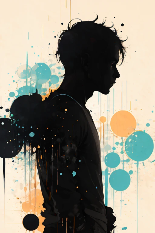 Silhouette of a posed street boy:dynamic pose:profile, design, best goes on, Ink splash, Bold colors, dynamically, colorful, abstract painting that looks like a person if you look closely, works of art, mysterious, 