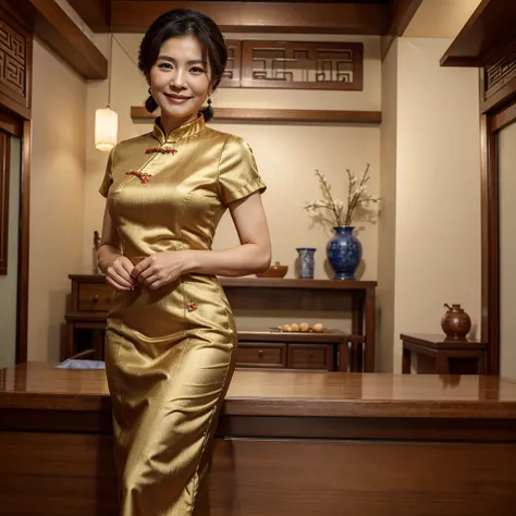 masterpiece, best quality, chinese, 1 woman, 60 years old, mature, upper body, smile, chinese dress