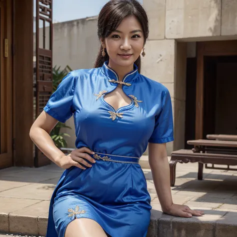 masterpiece, best quality, 1 girl, chinese, sexy, 60 years old, mature, upper body, smile, blue chinese dress