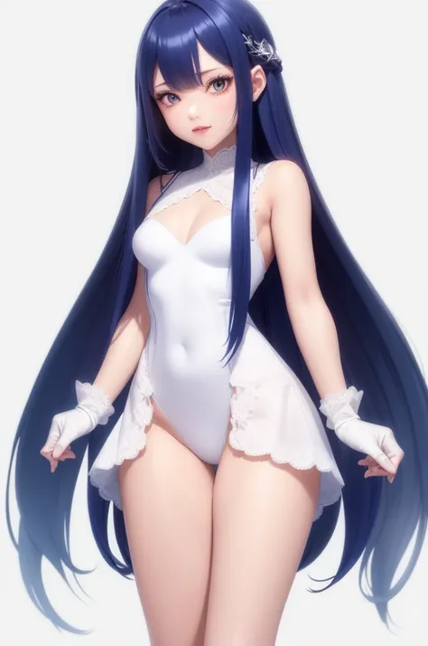 nsfw cartoon drawing of a woman with long blue hair and a white dress, white fingerless gloves, Cell - Shaded Art Style, wearing a white leotard dress, wearing white clothes, white and shining skin,anime female full body art