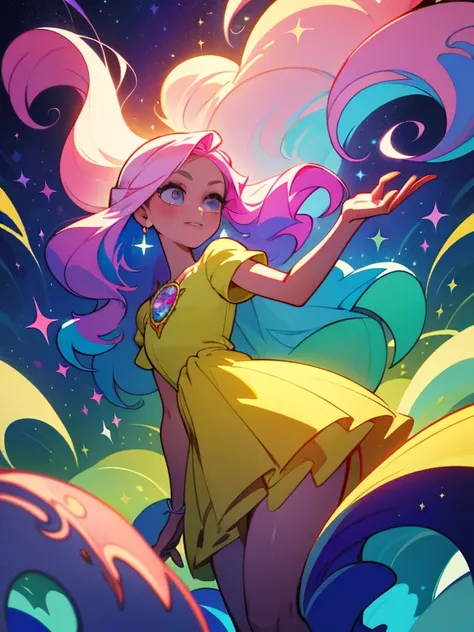 hermosa chica, Flowing liquid dress, vistoso flowing long hair, Colores pastel vibrantes, (vistoso), magical lights, sparkling magical liquid, inspired por Glen Keane, inspired por Lois van Baarle, Estilo de arte de Disney, por Lois van Baarle, aura brilla...