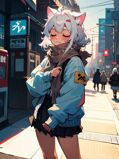 (best quality,4k,highres),beautiful detailed eyes,closed eyes,adorable girl with medium length white hair and cat ears,looking at the viewer, :3, wearing a scarf, jacket and short skirt, outdoors, on the street.