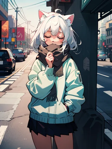 (best quality,4k,highres),beautiful detailed eyes,closed eyes,adorable girl with medium length white hair and cat ears,looking at the viewer, :3, wearing a scarf, jacket and short skirt, outdoors, on the street.