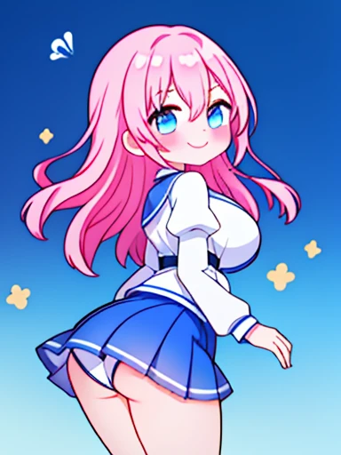 1 girl、Is it March?、Are standing、fart、blush、Satisfied smile、big breasts、lots of gas、starry sky、pink hair、white inner、Blue miniskirt、red and blue gradient eyes、sexy pose、Gas comes out of the butt、