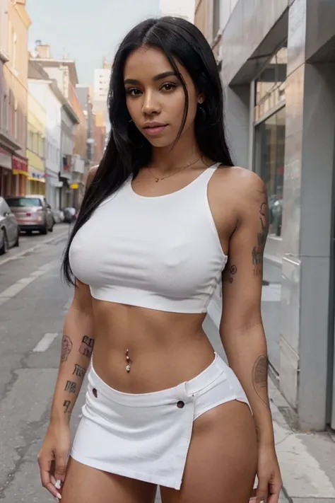 Ultra full body image of a 25 year old young black woman, straight black hair, nose piercing, wearing a low-cut white blouse, tattoo above her breasts, red miniskirt, 4k