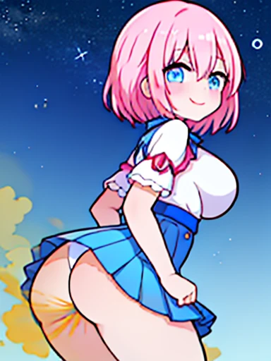 1 girl、Is it March?、fart、blush、Satisfied smile、big breasts、lots of gas、starry sky、pink hair、white inner、Blue miniskirt、red and blue eyes、Gas comes out of the butt、Hip Attack、stick out your butt、emphasize the buttocks、short hair、bent forward posture