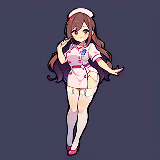  muste piece、super detailed、High quality、masterpiece、highest quality, 1 girl, long brown hair:1.5、wavy long hair、brown eyes、alone、Sexy Nurse、garter belt、garter stockings、cross mark nurse cap、bewitching smile、{{one tone background、 background:1.8}}、Full bod...