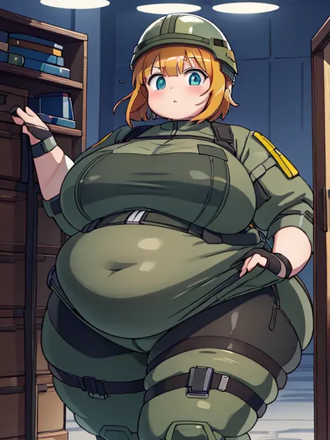 Massively obese orange tactical soldier girl, fat rolls, short hair, dark hair, (obese belly):1.3, (obese thighs):1.5, (transparent bodysuit):1.3, pudgy, dirty, muddy, wide hips, large ass, (soldier helmet):1.2 extremely chubby,  BREAK swamp, marsh, metal ...