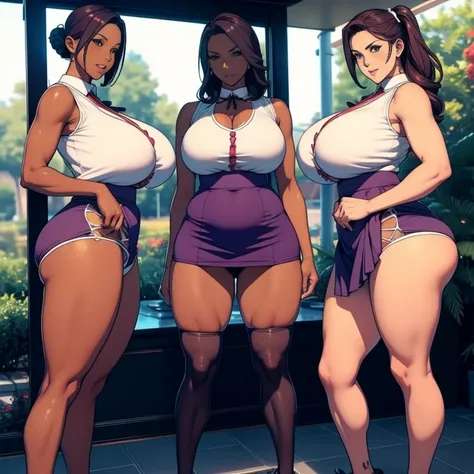 multiple thick body mature women milfs wearing sleeveless shirt and lift skirt ((show panties)), all milfs standing straight show only backside to camera, nsfw, show full body, show back view, in patio, dark skin tone milf, nsfw, tied ribbon mid waist,
