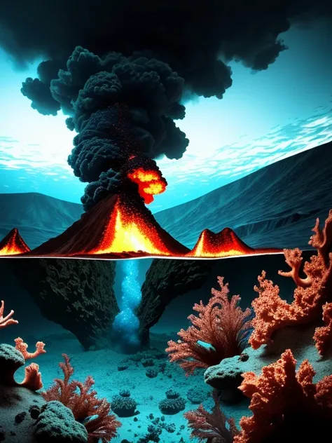 (an underwater scene),(best quality,8k),(submarine volcanic eruption)