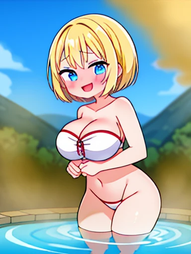 1 girl、fart、blush、Satisfied smile、big breasts、lots of gas、hot spring、blonde、Completely naked、red and blue eyes、short hair、feel shy、Soaking in hot water、dirty water、Feeling like diarrhea、sexy pose、open your mouth、Brown water、yellow air、