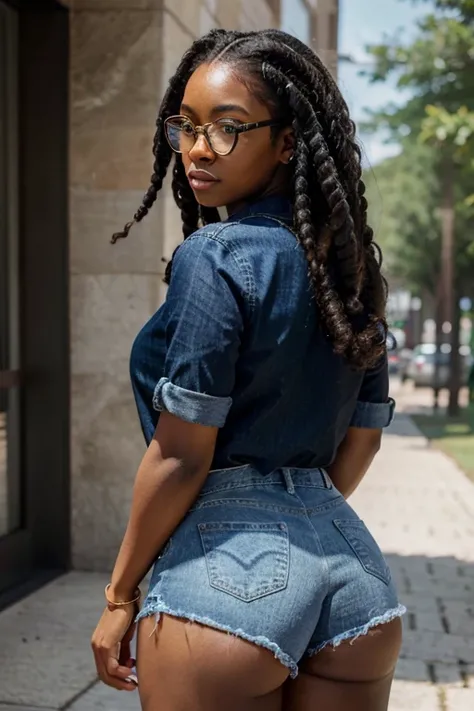 Ultra realistic image of a beautiful black woman with glasses, curly hair, braids, makeup, wearing denim shorts, showing her beautiful ass. 4k