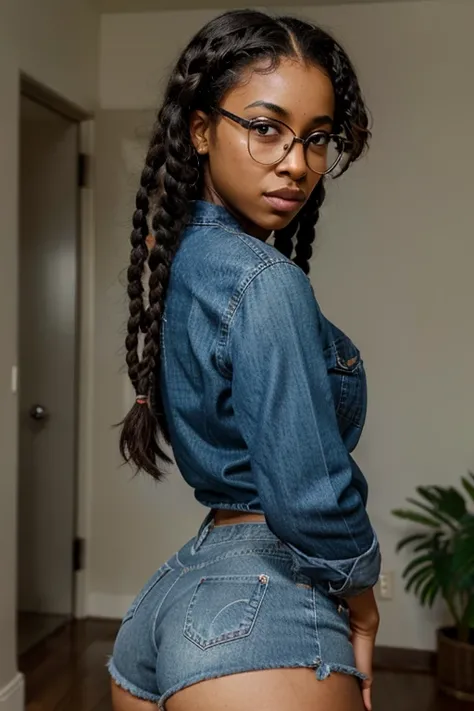 Ultra realistic image of a beautiful black woman with glasses, curly hair, braids, makeup, wearing denim shorts, showing her beautiful ass, with a mysterious expression on her face. 4k