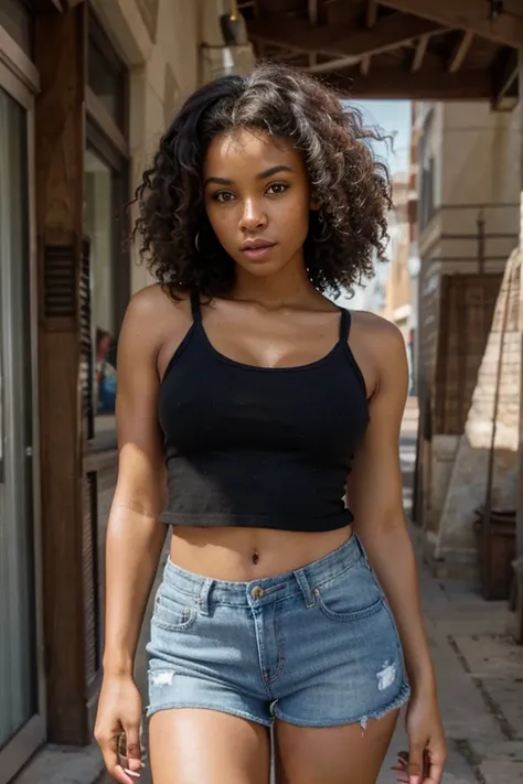 Ultra realistic image of a beautiful black woman, curly hair, wearing denim shorts, posing like a model, with a mysterious expression on her face. 4k