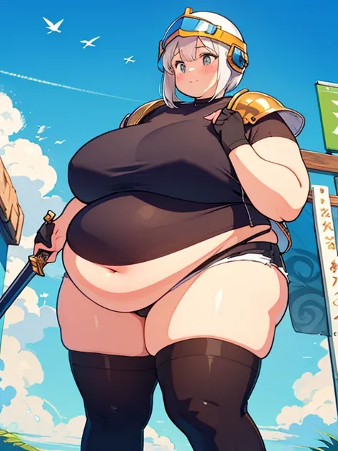 Massively obese crusader knight girl, fat rolls, short hair, (obese belly):1.3, (obese thighs):1.5, ():1.3, pudgy, silver armor, shortsword, wide hips, large ass, (helmet):1.2 extremely chubby,