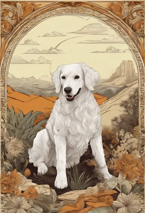 Plants and artistic details form a round frame to house the dog in the center, Popart, arte de rua, Isolated t-shirt design with vector art of a large Poodle dog, cor branca
, look at the desert with curiosity and wonder.  White Collie dog or bitch should ...