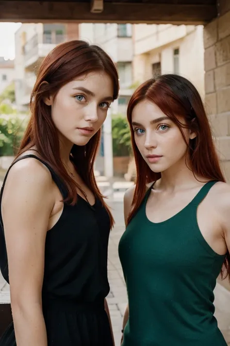 Twins, looking at each other, one with bule eyes, red hair, the other with green eyes and black hair, 