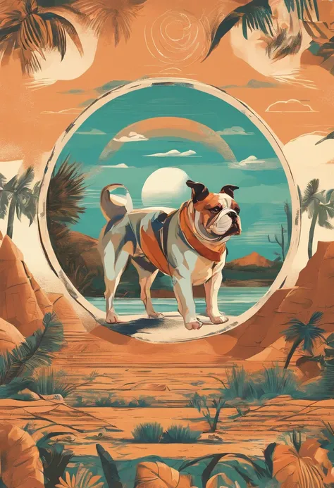 Plants and artistic details form a round frame to house the dog in the center, Popart, arte de rua, Isolated t-shirt design with vector art of a Bulldog dog, look at the desert with curiosity and wonder.  Bolldog dog or bitch should be portrayed with a sen...