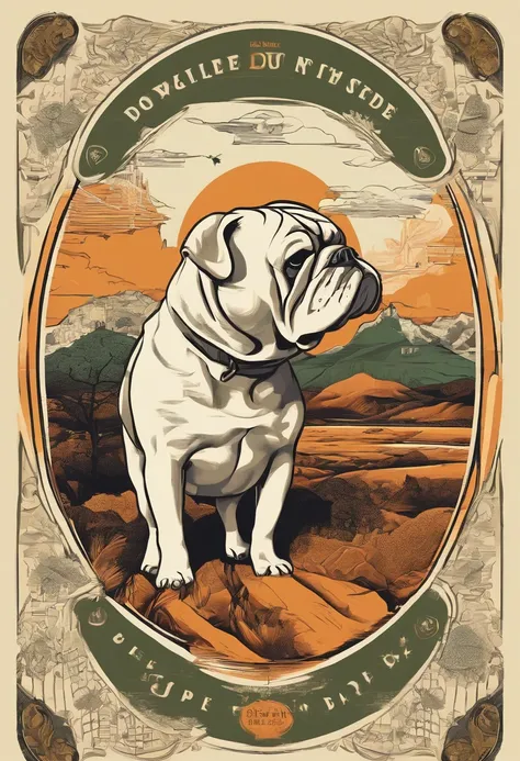 Plants and artistic details form a round frame to house the dog in the center, Popart, arte de rua, Isolated t-shirt design with vector art of a Bulldog dog, look at the desert with curiosity and wonder.  Bolldog dog or bitch should be portrayed with a sen...