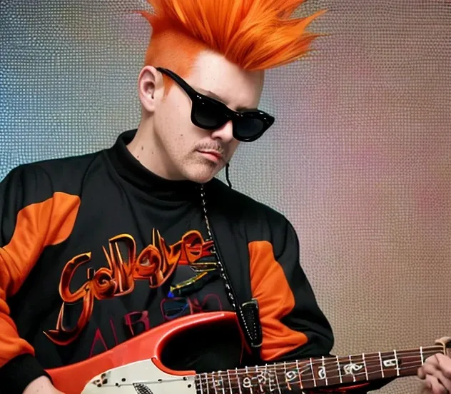 Steve from Aqua Teen playing Electric Guitar in live on Seoul, Orange Hair, short hair, spiked mohawk, Red Diamond Eyewear, Black Jacket, Surrealism, Artist by Jean-Pierre Meixiu, 16k, UHD