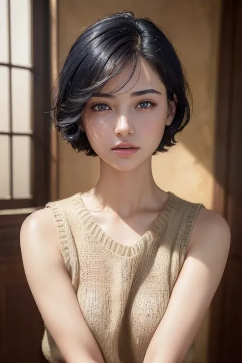 (masterpiece:1.3), (8K, realistic, RAW photo, highest quality: 1.4), (1 girl), beautiful face, (realistic face), (black hair, short hair:1.3), beautiful hairstyle, realistic eyes, beautiful and fine eyes, (realistic skin), beautiful skin, (Navy blue sleeve...