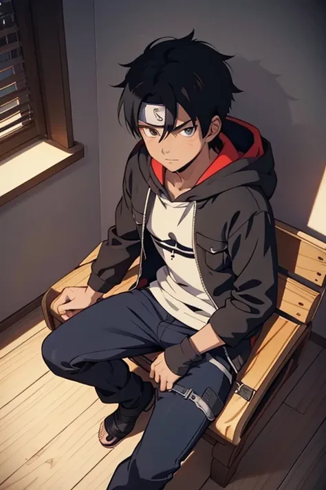 1 guy, solo, masterpiece, best quality, anime, ultra-detailed, 2d full-body character image of Madara and Kakashi from Naruto and Cid from eminence in the shadows fusion into one single guy with dark skin and black hair, wearing a hoodie, dark theme.