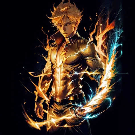 "man with blond hair, body on fire; with a powerful aura and lightning"