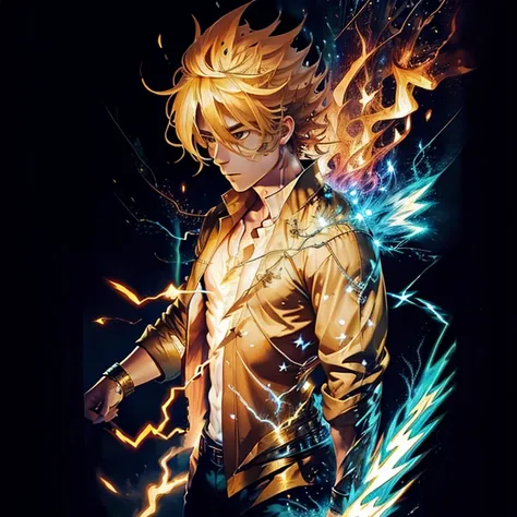 "man with blond hair, body on fire; with a powerful aura and lightning"