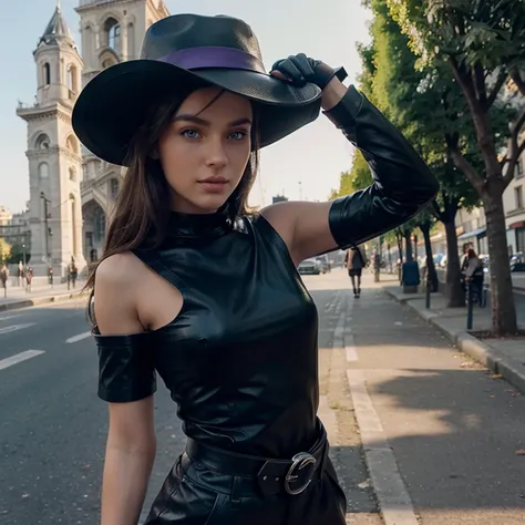 Albanian, girl, brown hair, blue eyes, short black top, Paris, sun gazing, modern apparel, glowing eyes, beautiful skyline, leather hat, green gloves, purple belt, excited 