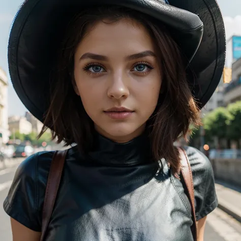 Albanian, girl, brown hair, blue eyes, short black top, Paris, sun gazing, modern apparel, glowing eyes, beautiful skyline, leather hat, green gloves, purple belt, excited 